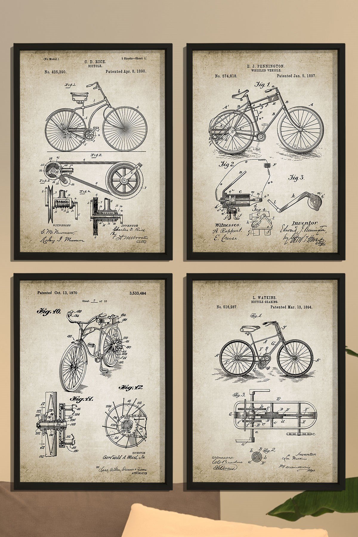 Doğal Çam Çerçeveli Duvar Tablosu Antik Bisiklet Patentleri 1890 Yılı