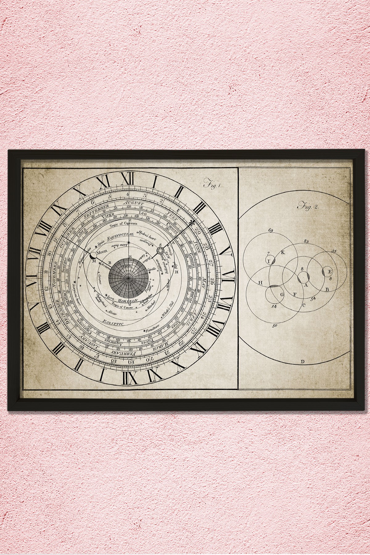 Doğal Çam Çerçeveli Duvar Tablosu Antik Astroloji Saati