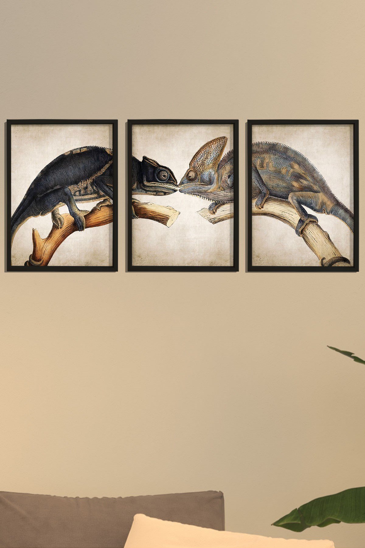 Doğal Çam Çerçeveli Duvar Tablosu Antik Bukalemun Öpüşme