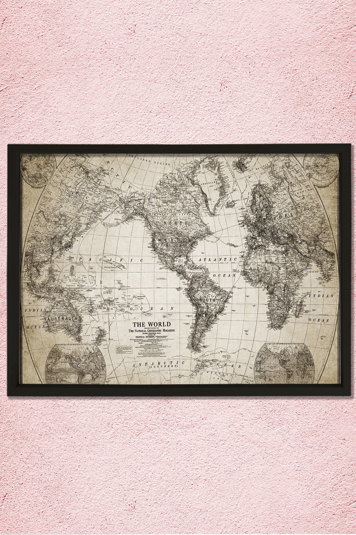 Doğal Çam Çerçeveli Duvar Tablosu Antik Dünya Haritası