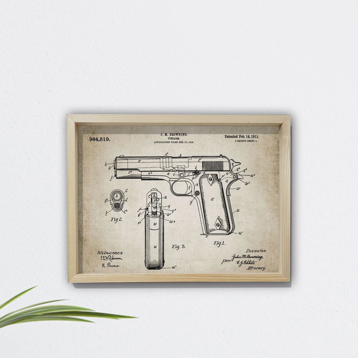 Doğal Çam Çerçeveli Duvar Tablosu Browning Tabanca Patenti - 1911