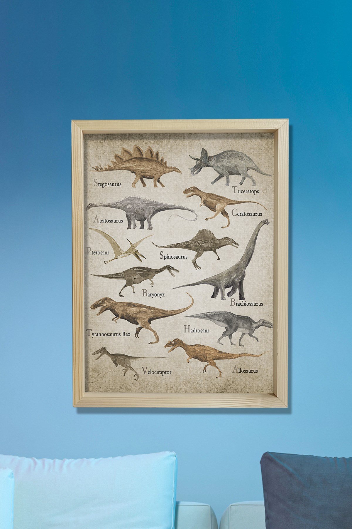 Doğal Çam Çerçeveli Duvar Tablosu Dinazorlar