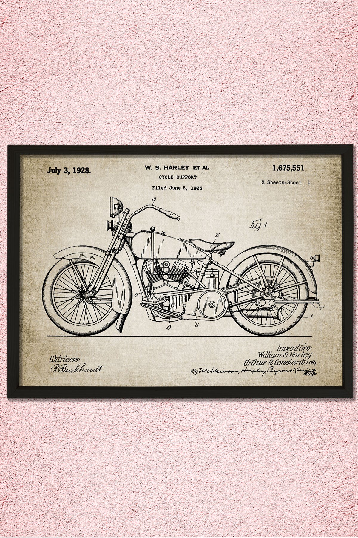Doğal Çam Çerçeveli Duvar Tablosu Klasik Amerikan Motosiklet Patenti 1928