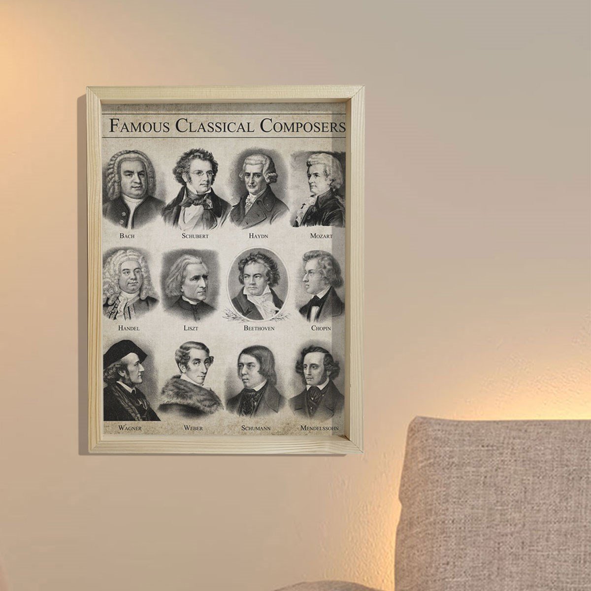 Doğal Çam Çerçeveli Duvar Tablosu Klasik Müzik Bestecileri