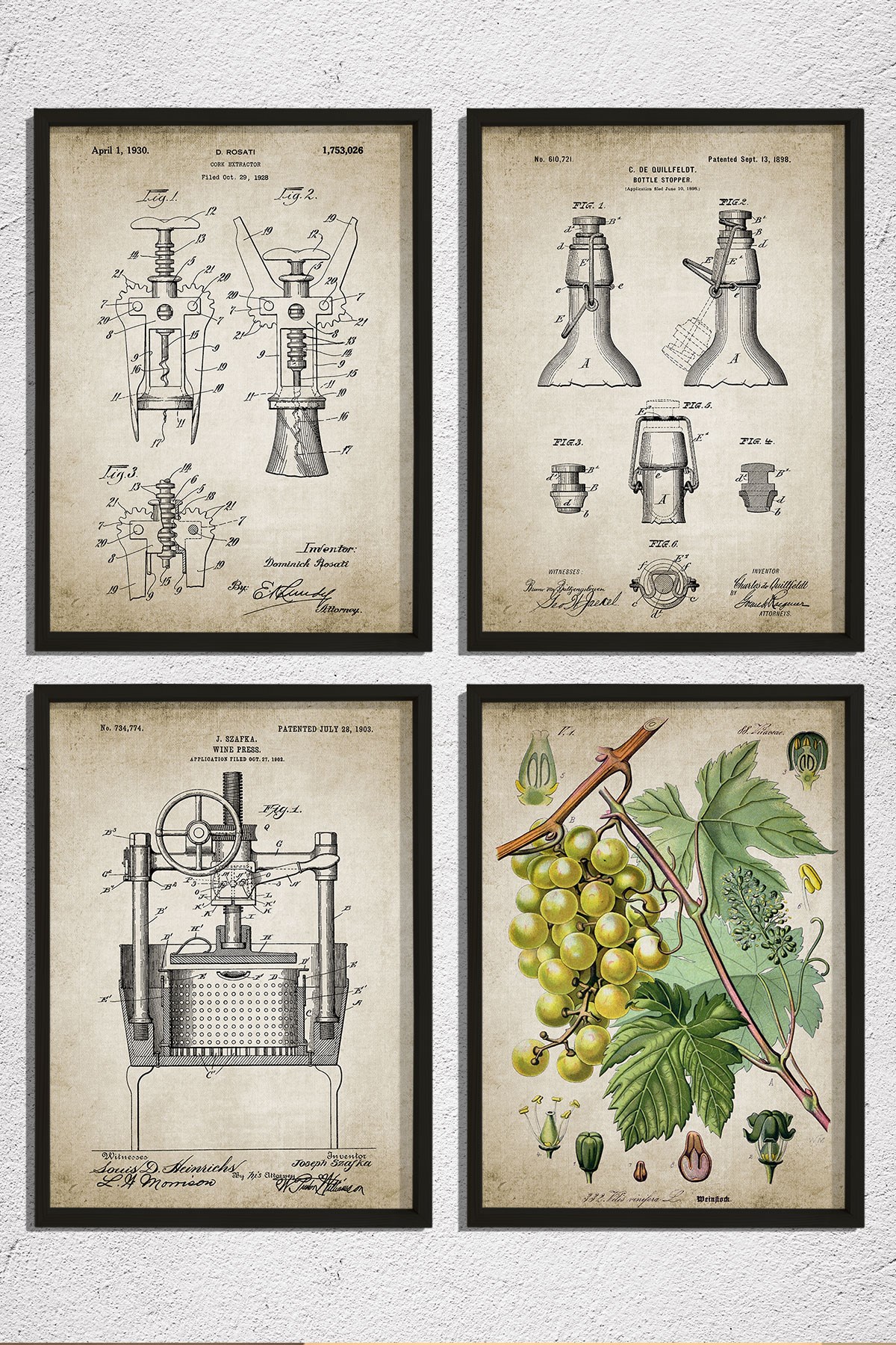 Doğal Çam Çerçeveli Duvar Tablosu Şarap Mahseni Patent Seti 1898 Yılı