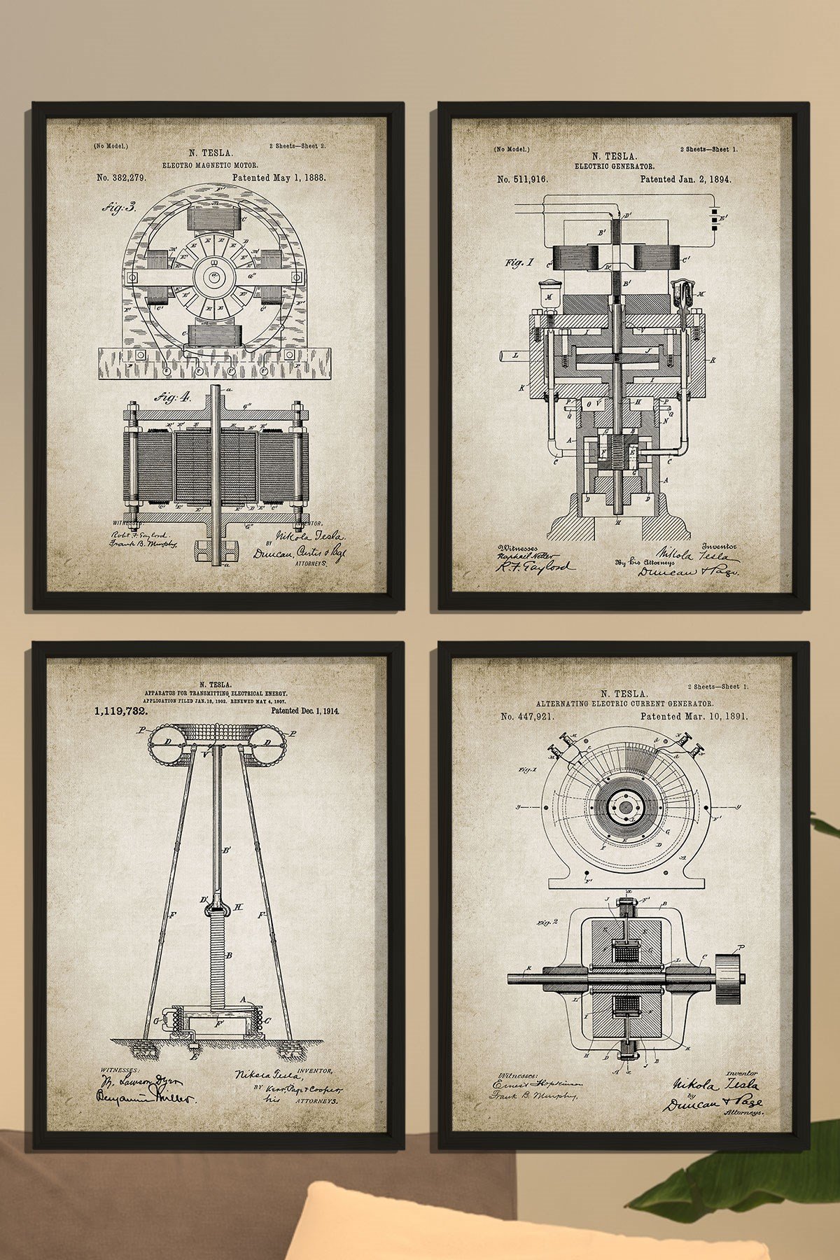 Doğal Çam Çerçeveli Duvar Tablosu Tesla Elektromanyetik Patent Seti 1888 Yılı