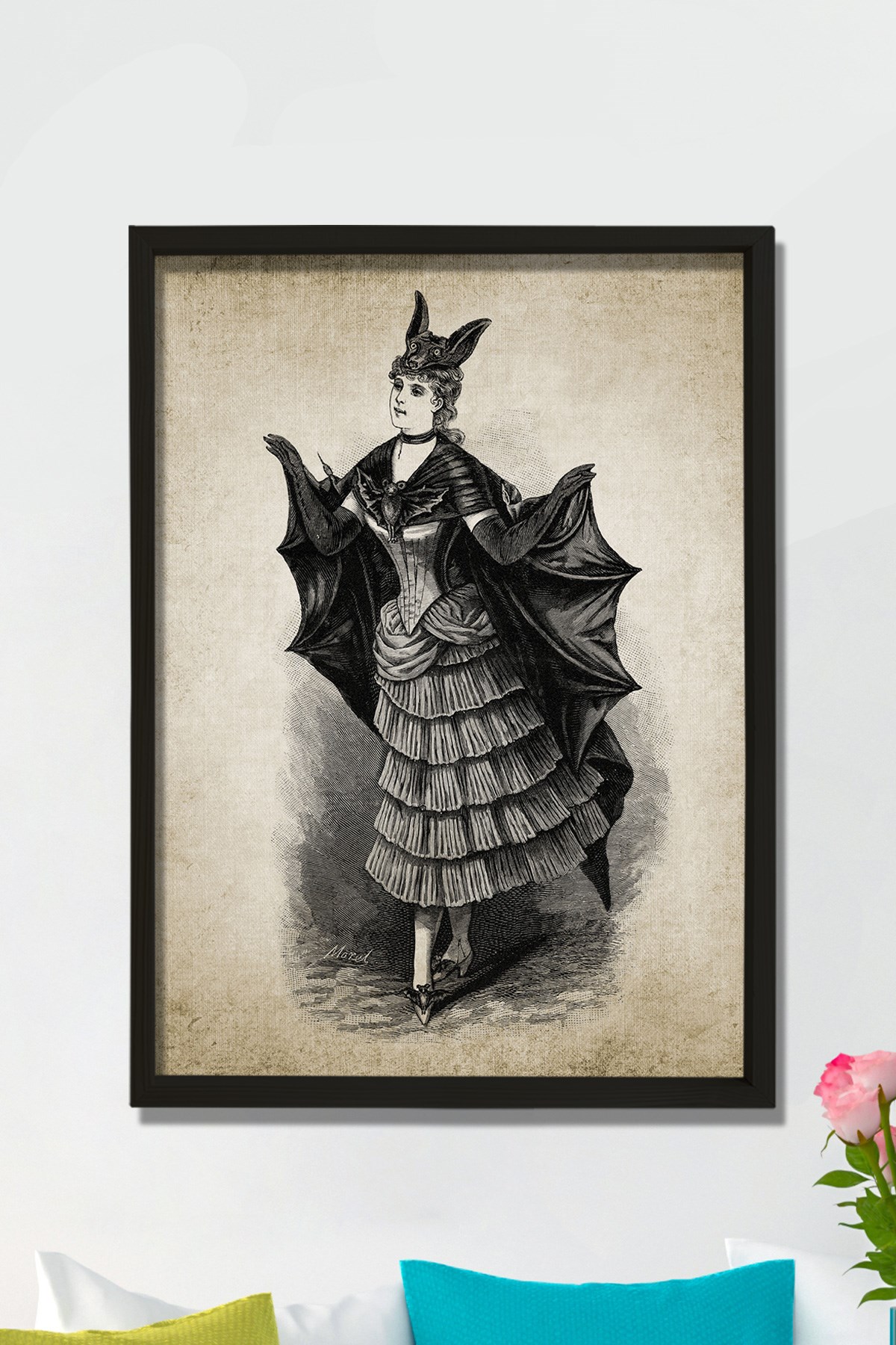 Doğal Çam Çerçeveli Duvar Tablosu Yarasa Kadın