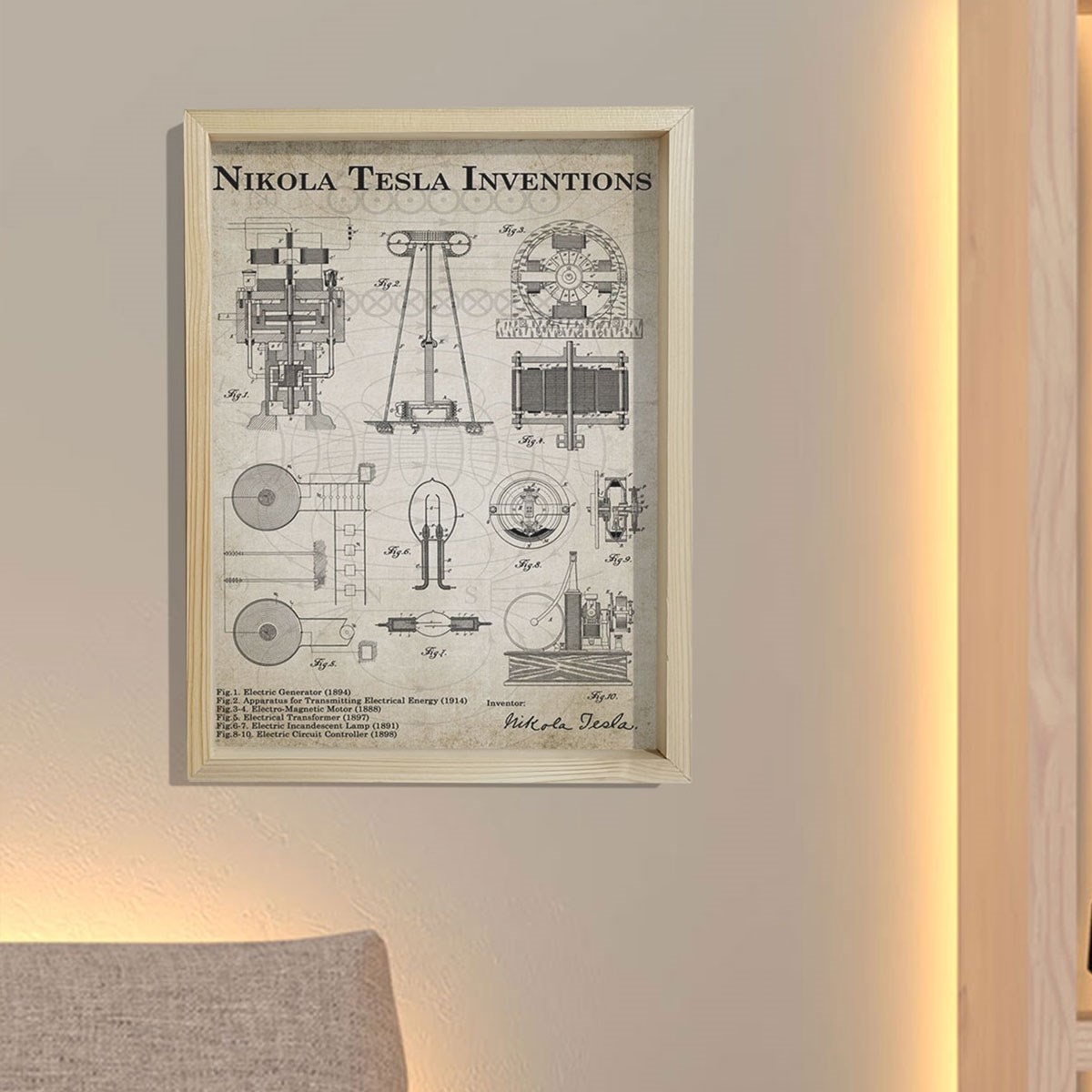 Doğal Çam Çerçeveli Mühendis Odası Duvar Tablosu Nicola Tesla Inverter Patentleri 1888 - 1894