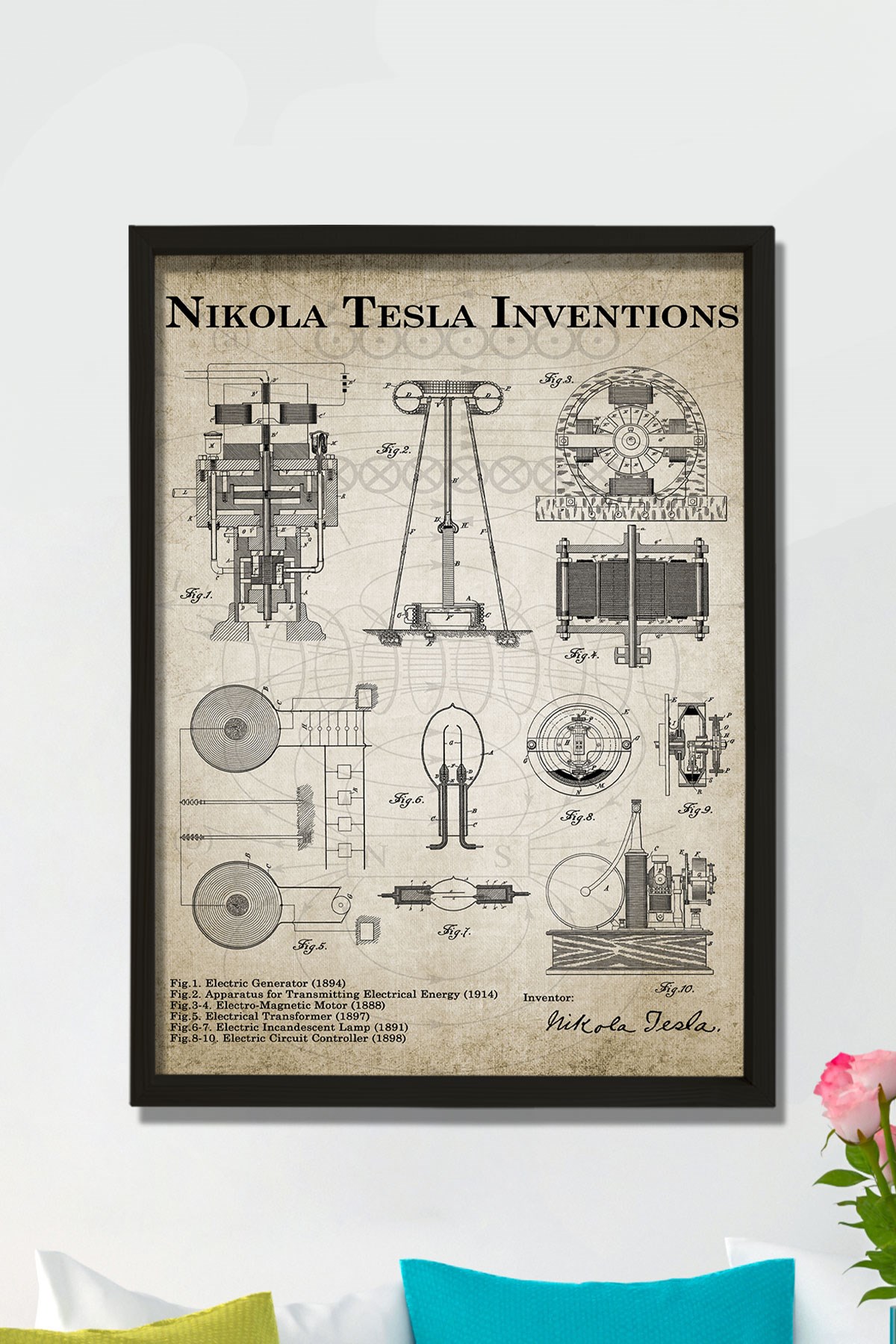 Doğal Çam Çerçeveli Mühendis Odası Duvar Tablosu Nicola Tesla Inverter Patentleri 1888 - 1894