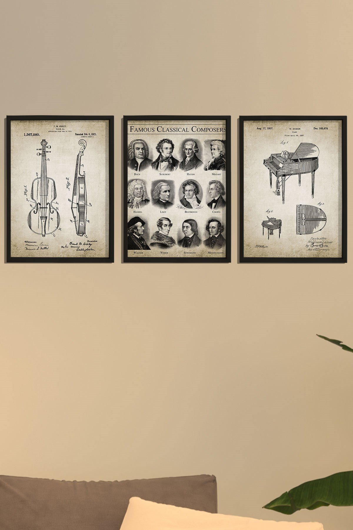 Doğal Çam Çerçeveli Müzik Odası Duvar Tablosu Ünlü Besteciler ve Orketra Sanat Baskıları