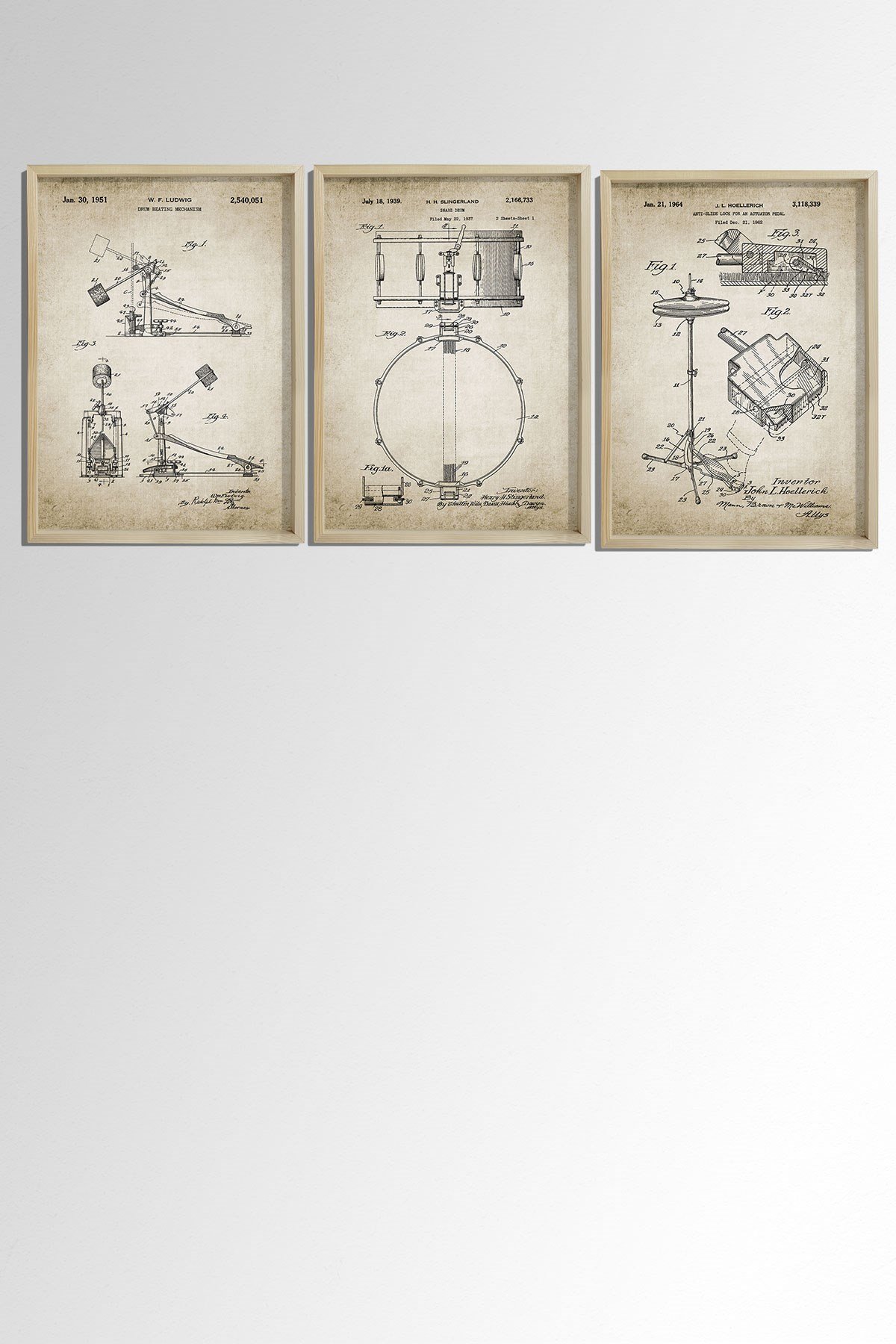 Doğal Çam Çerçeveli Müzik Odası Duvar Tablosu Antik Trampet - Zil - Davul Patenti 1939