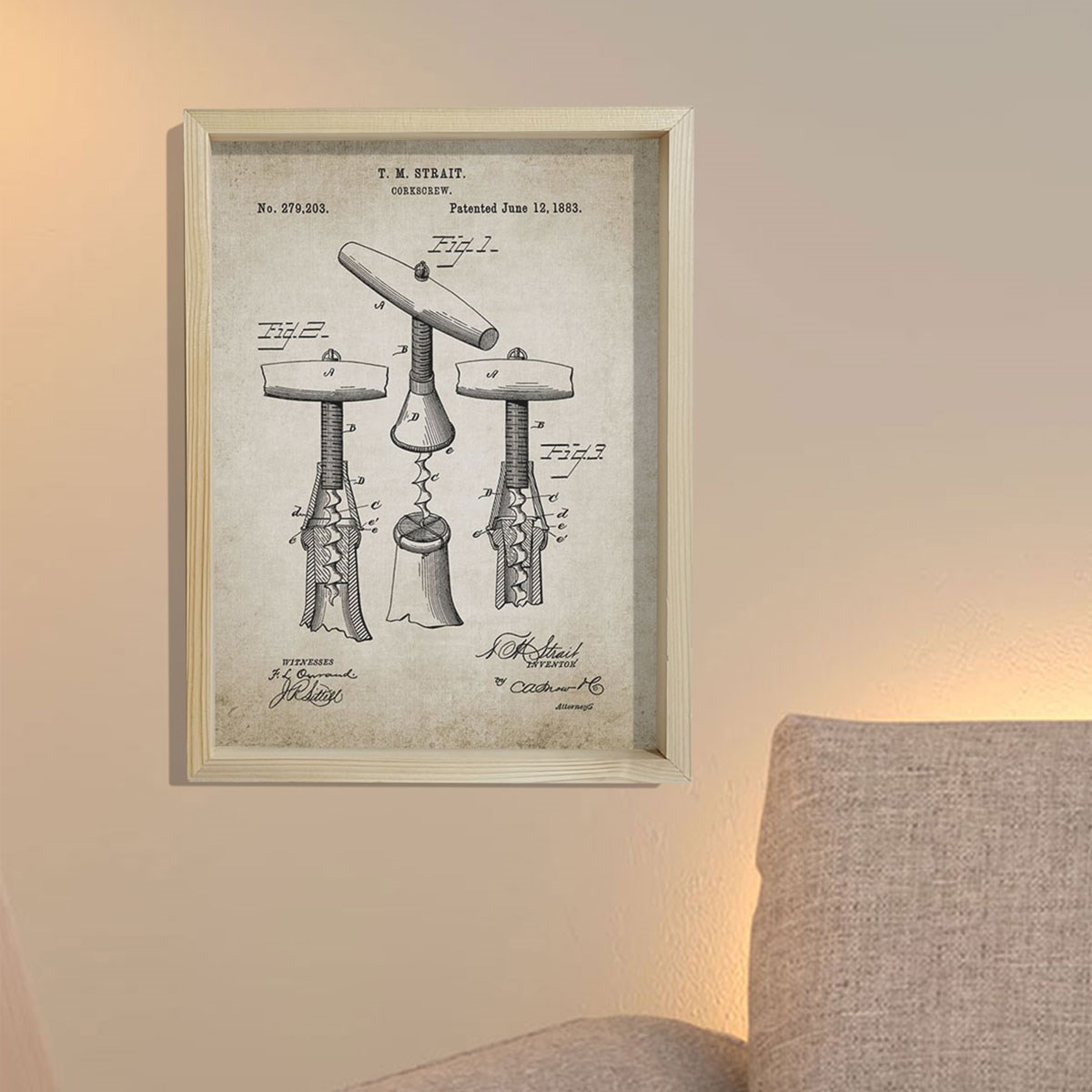 Doğal Çam Çerçeveli Şarap Odası Duvar Tablosu Tirbuşon Patent Baskı 1883