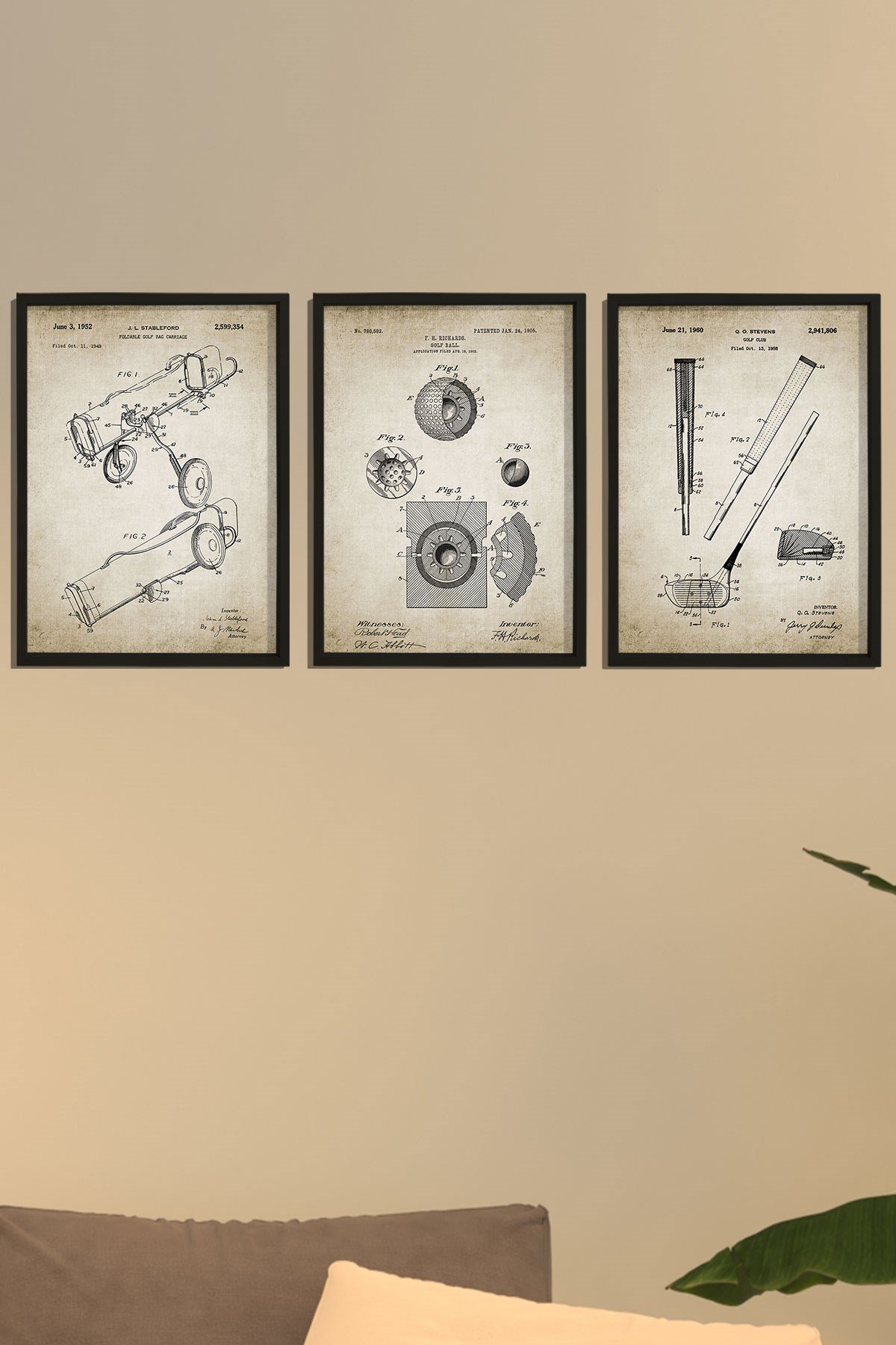 Doğal Çam Çerçeveli Spor Odası Duvar Tablosu Golf Ekipman Patent Baskıları 1960