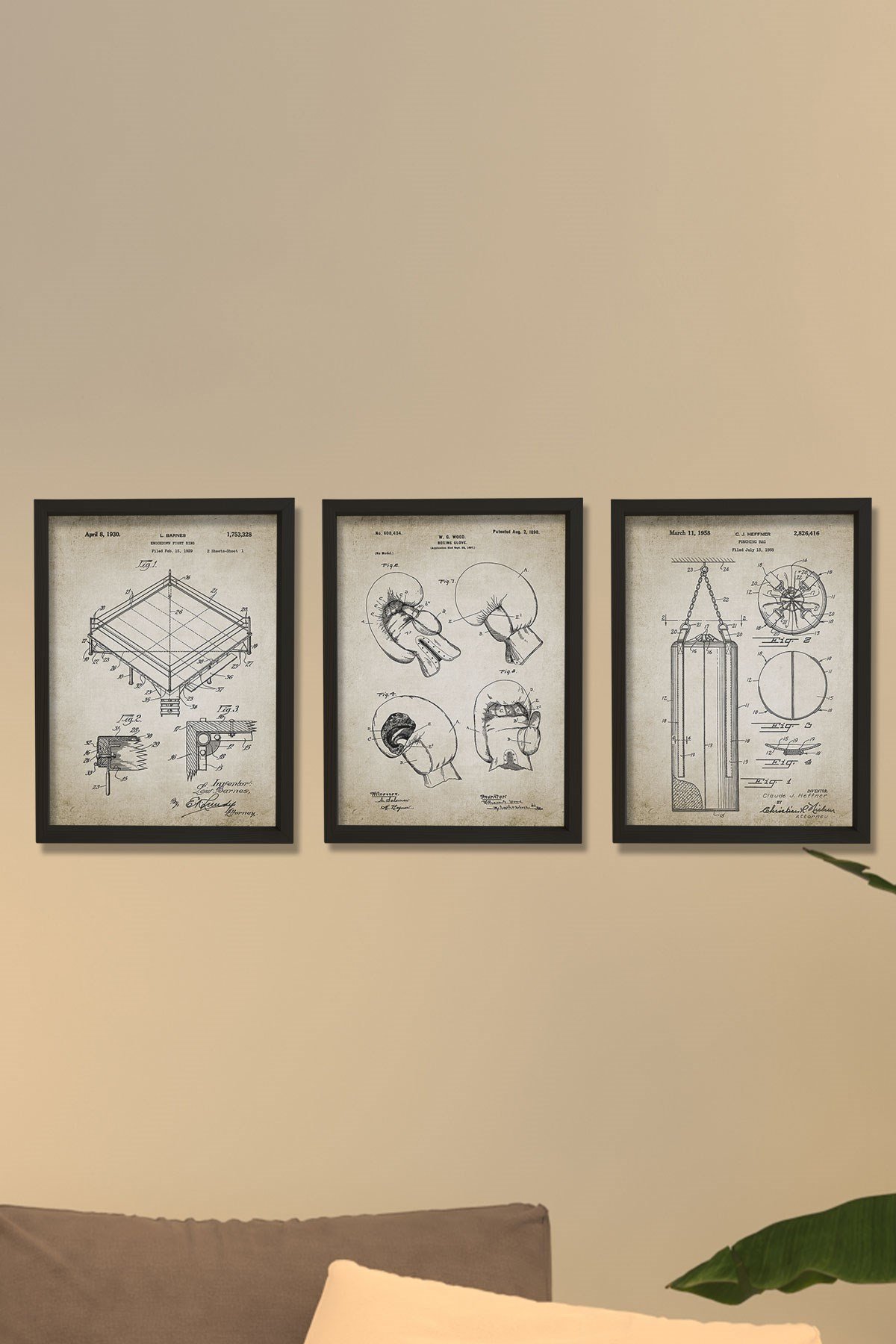 Doğal Çam Çerçeveli Spor Odası Duvar Tablosu Antik Boks - Ringi - Punch Seti