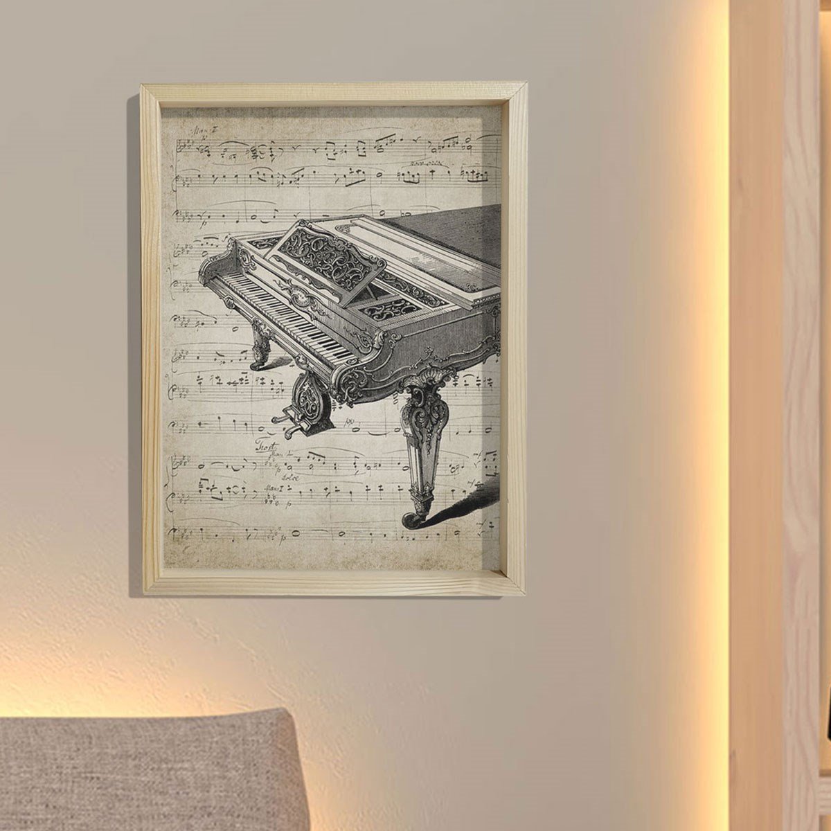Doğal Çam Müzik Odası Çerçeveli Duvar Tablosu Antik Kuyruklu Piyano ve Notalar