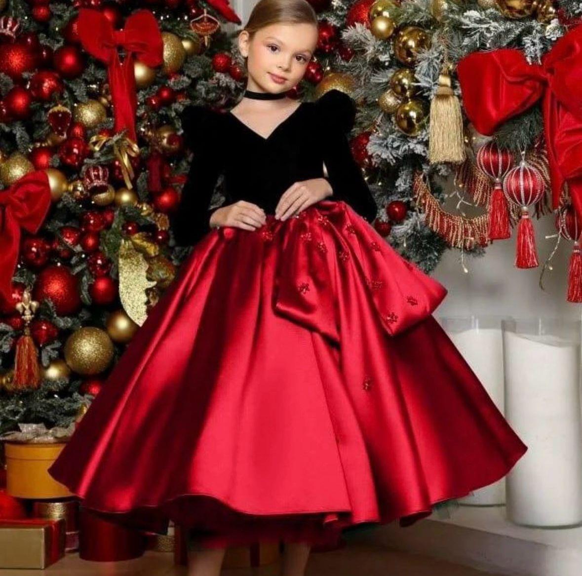 Grand Kırmızı Siyah Kadife Uzun Kollu kız çocuk abiye elbise