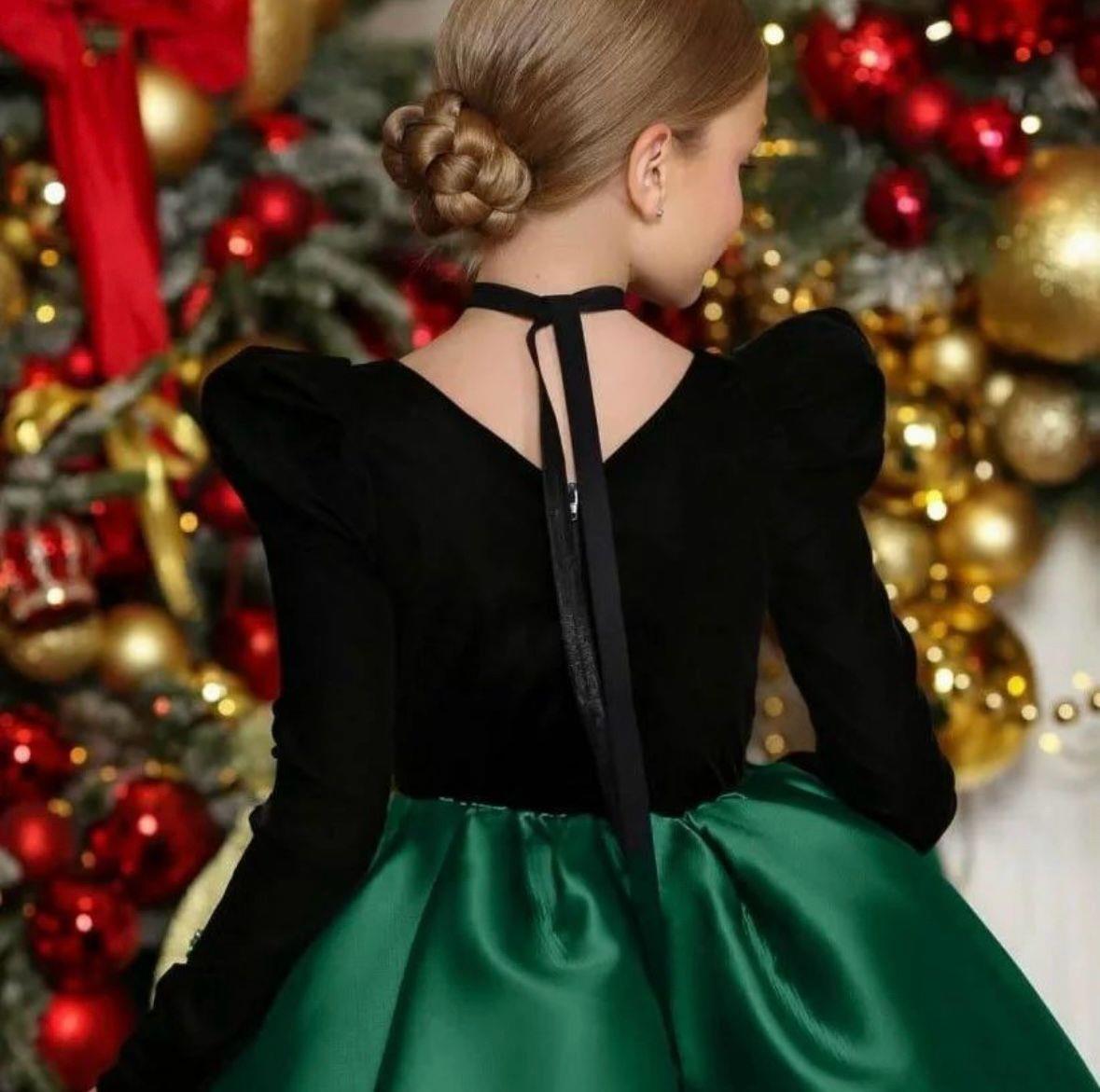 Grand Yeşil Siyah Kadife Uzun Kollu kız çocuk abiye elbise