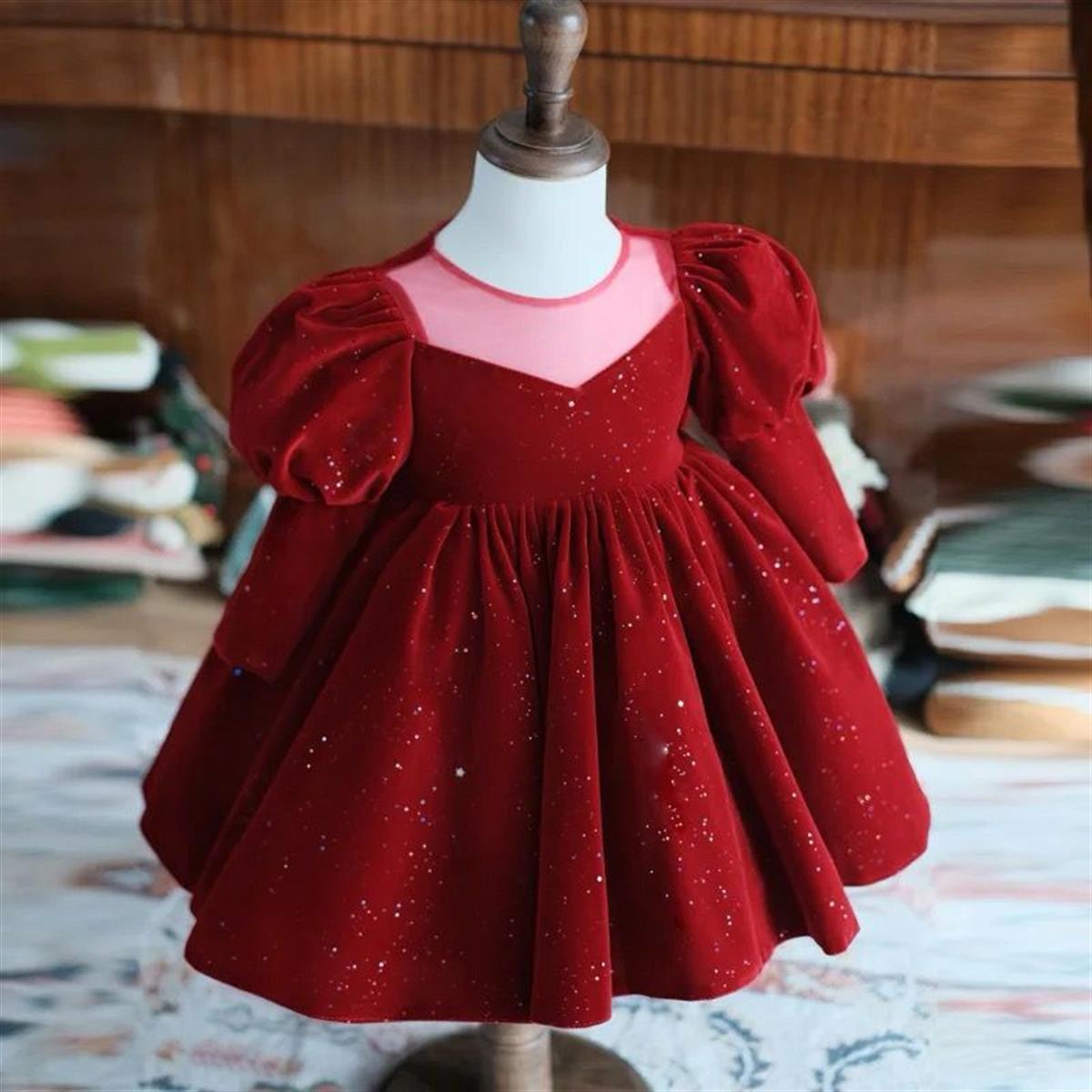 Neol Kadife Kırmızı Kız Çocuk Elbise