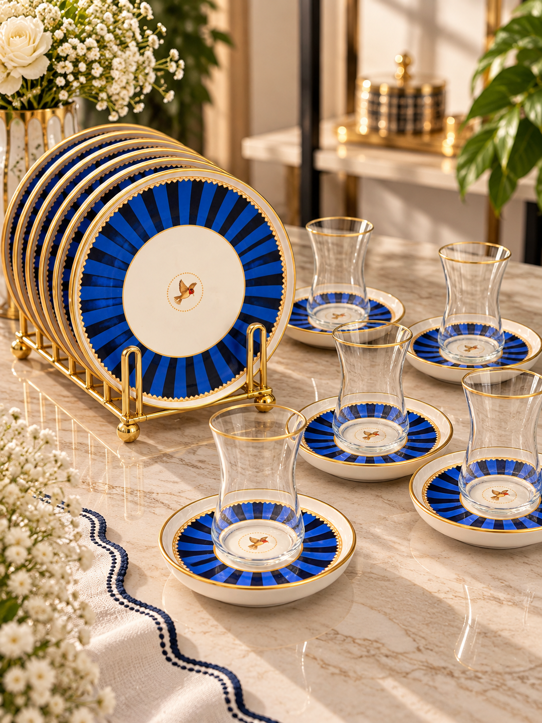 18 Parça Modern Piano Blue Bird Pasta Çay Saati Seti