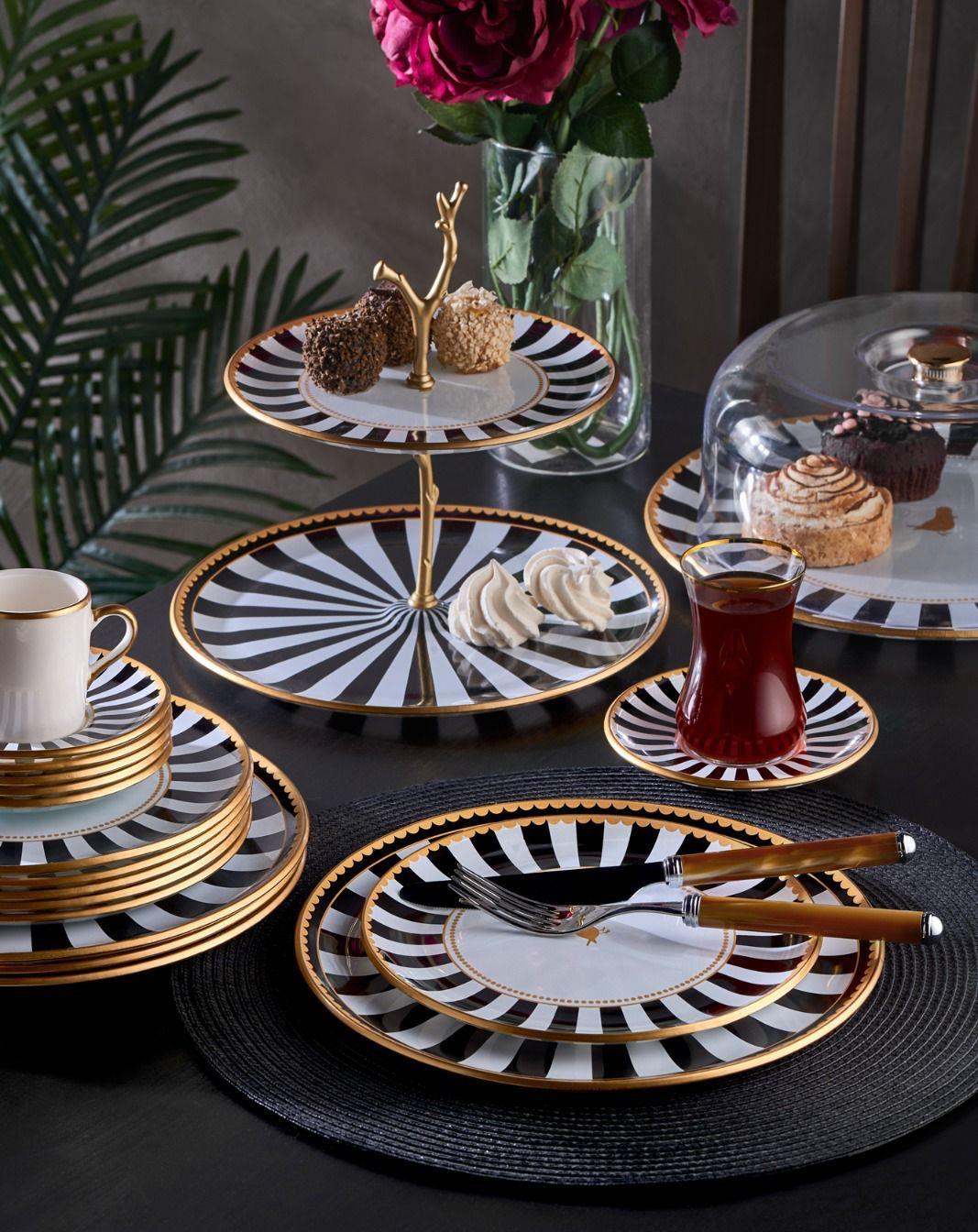 34 Parça Iwon Black Bird Altın Yaldızlı 6 Kişilik Pasta Çay Servis İkram Takımı