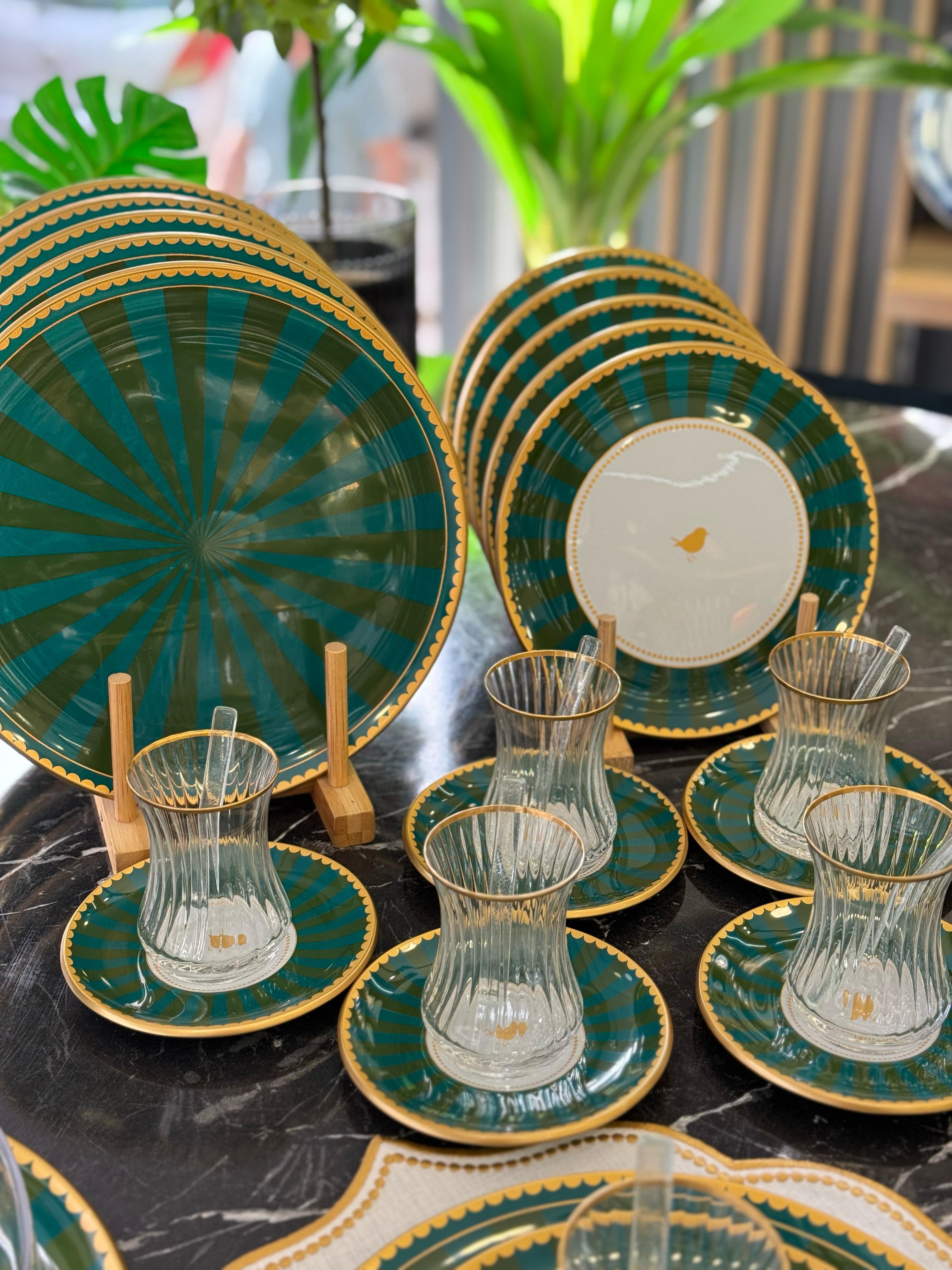 34 Parça Iwon Green Yaldızlı 6 Kişilik Pasta Çay Servis İkram Takımı