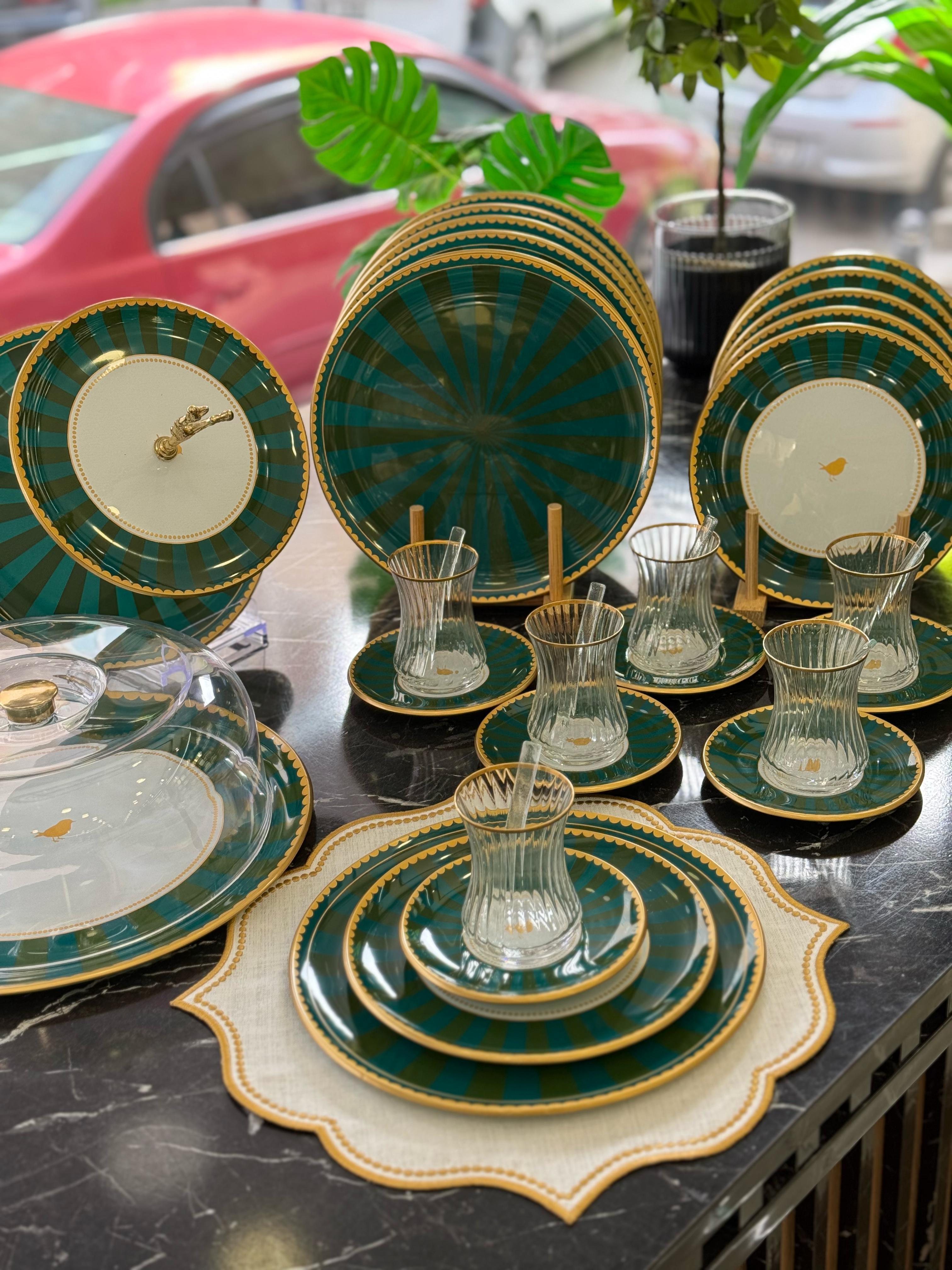 34 Parça Iwon Green Yaldızlı 6 Kişilik Pasta Çay Servis İkram Takımı