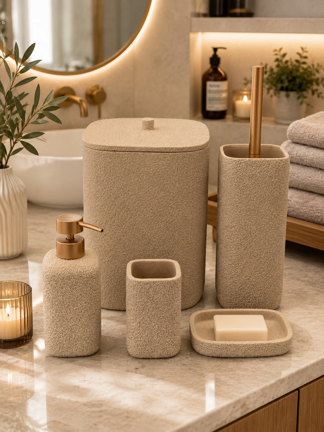 5 Parça Lüx Laduree Loren Bej Banyo Seti