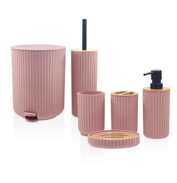 6 Parça Stripe Akrilik Pedallı Bambu Banyo Seti Pembe