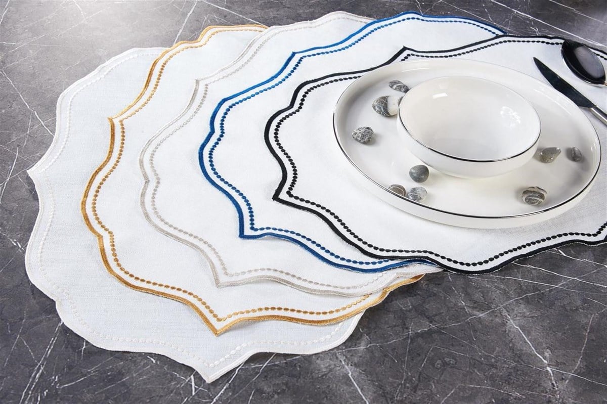 6lı Amerikan Servis Nakışlı Lisa Keten Efektli - Lacivert