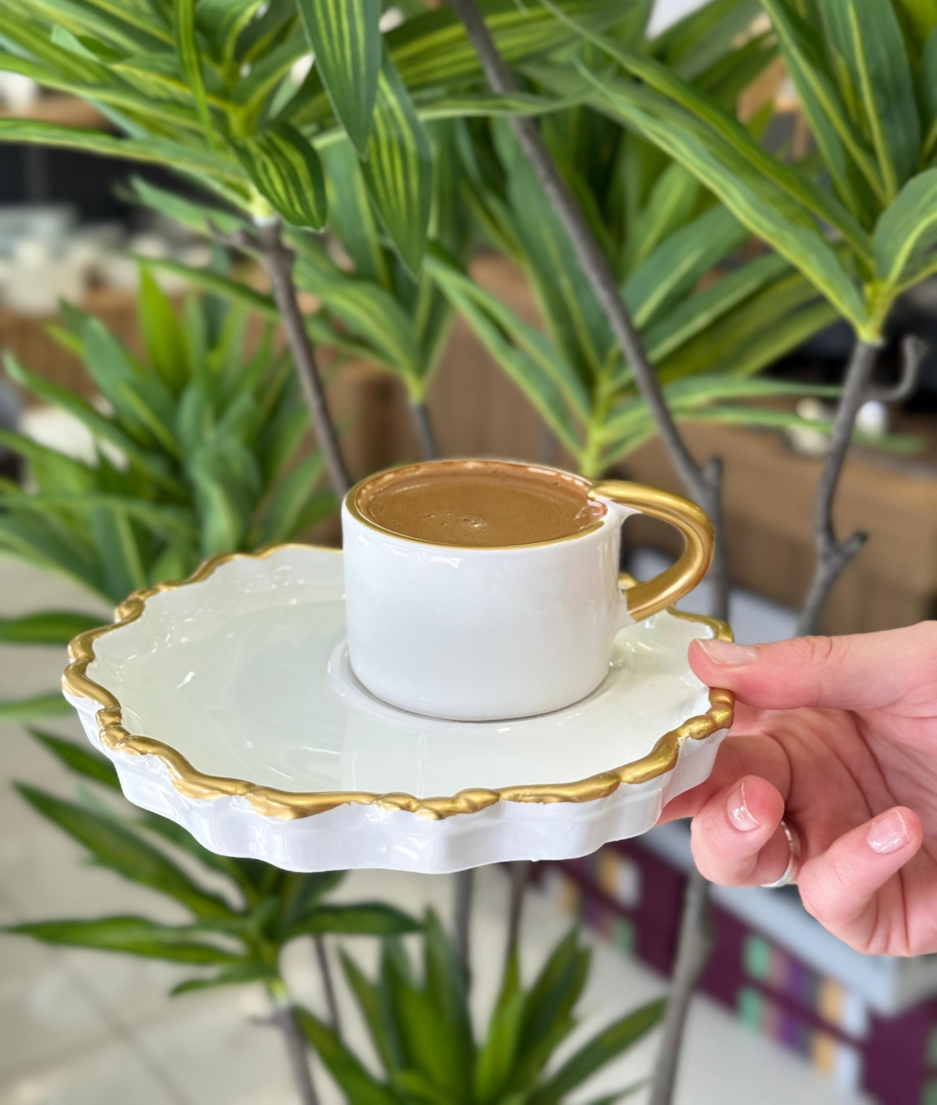 6lı Arges Özel Seri Sunum Tabaklı Kahve Fincanı Beyaz