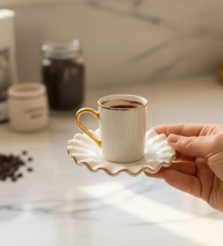 6lı Glore Nihavent Krem Gold Solid Kahve Fincanı Seti