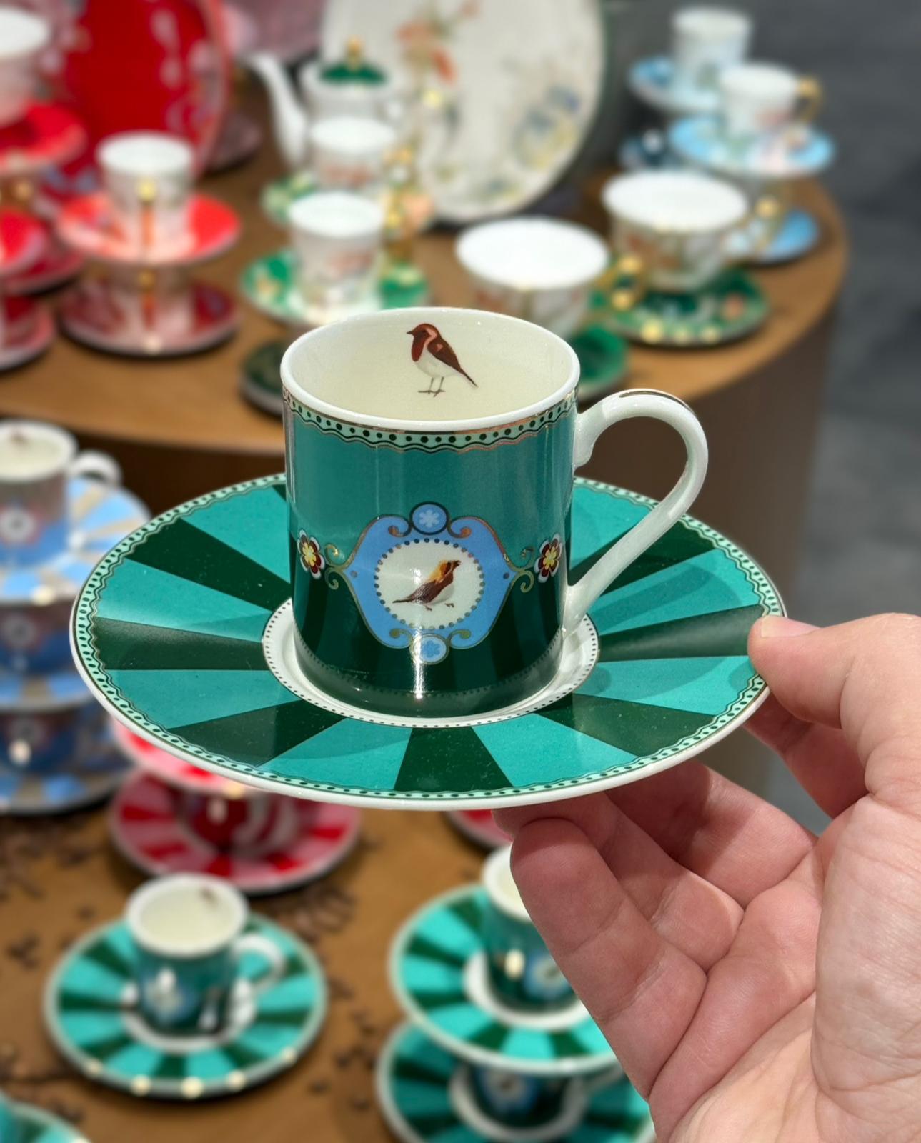6lı Porselen Green Bird Kahve Fincanı