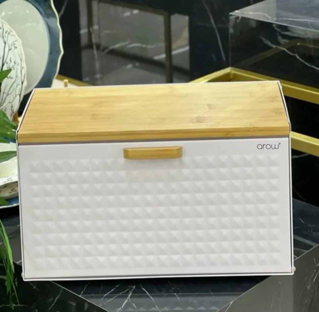 Alessa Ekmek kutusu Ekmek Dolabı Bambu Kapaklı Metal Ekmeklik Beyaz