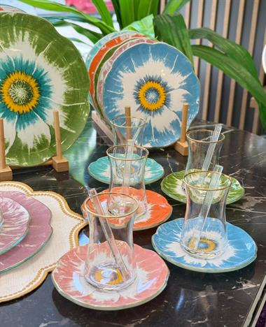  30 Parça Daisy Color Mix Servis Pasta Çay Takımı Gold