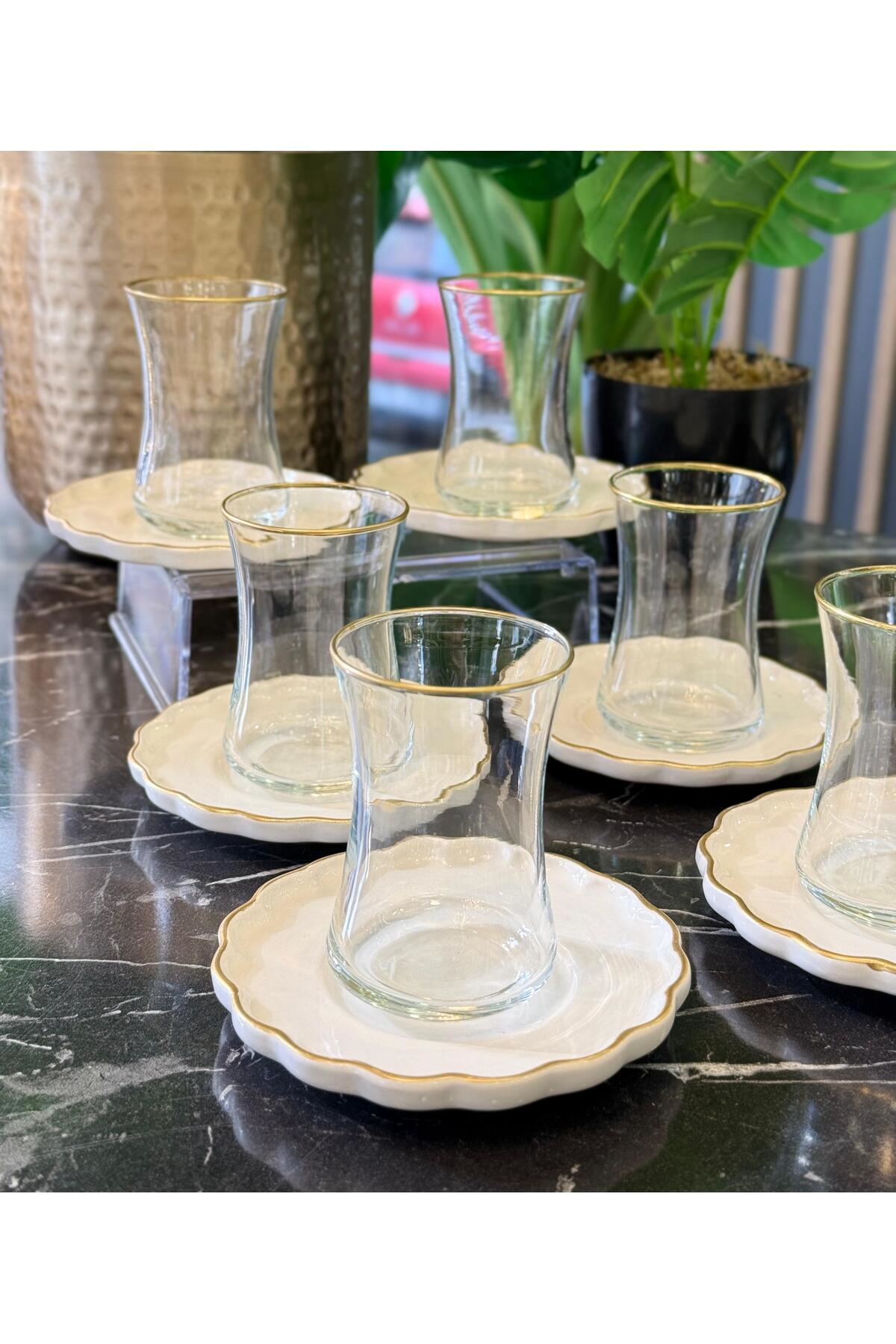 12 Parça 6 Kişilik Modern Gold Daisy Çay Takımı