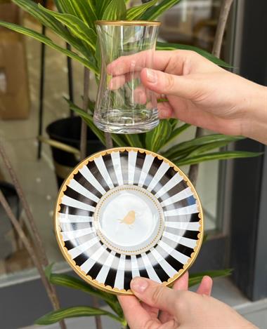 12 Parça Iwon Black Bird  Altın Yaldızlı 6 Kişilik Çay Takımı Seti