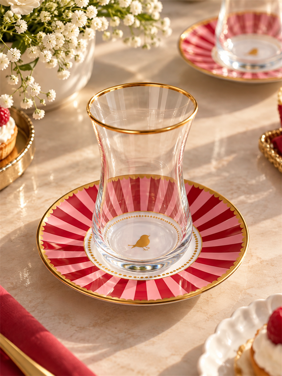 12 Parça Iwon Pink Bird Altın Yaldızlı 6 Kişilik Çay Takımı Seti