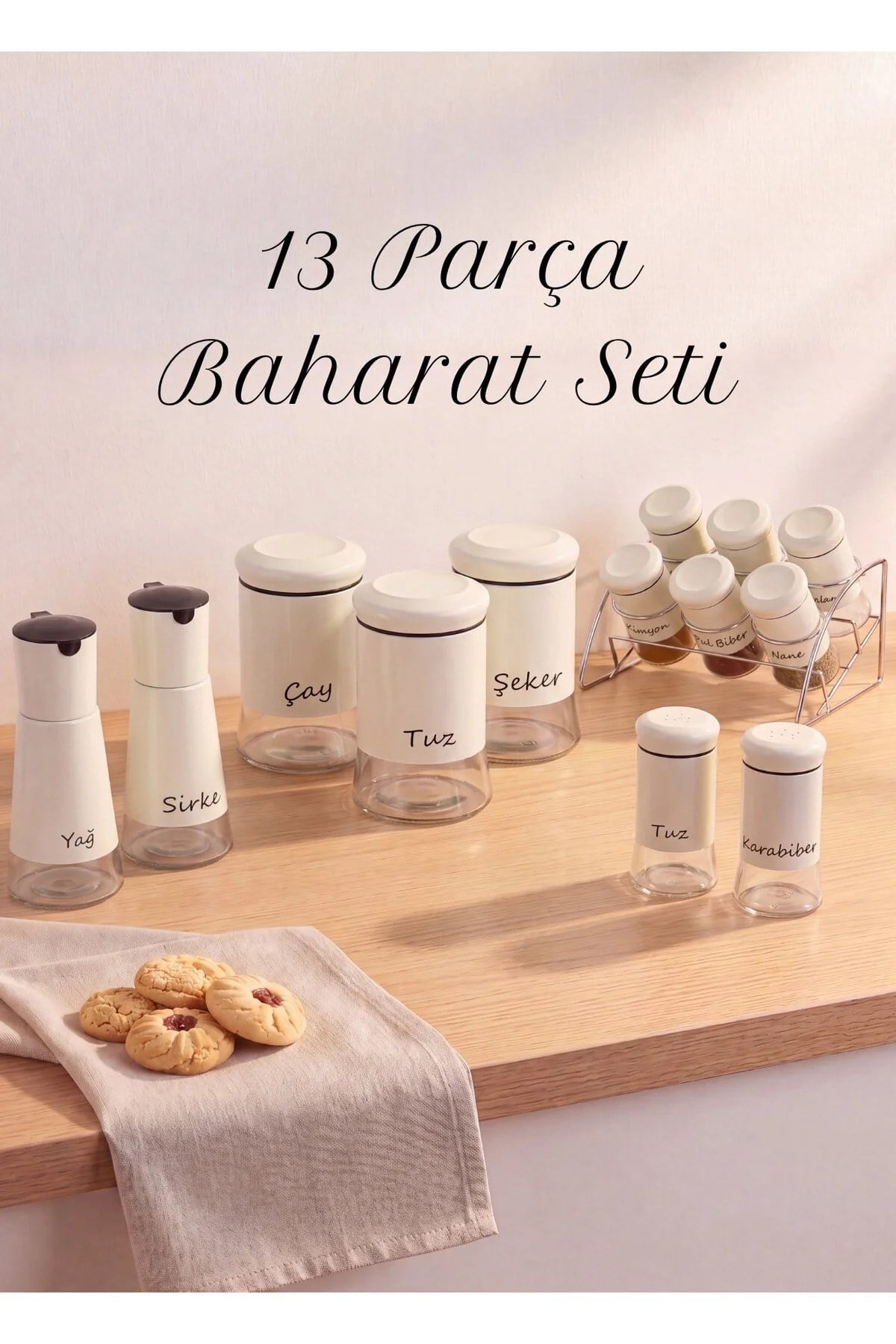 13 Parça Beyaz Baharatlık, Kavanoz ve Yağlık&Sirkelik Seti