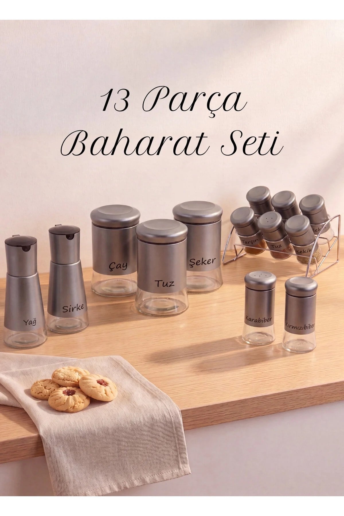 13 Parça Gri Baharatlık, Kavanoz ve Yağlık&Sirkelik Seti