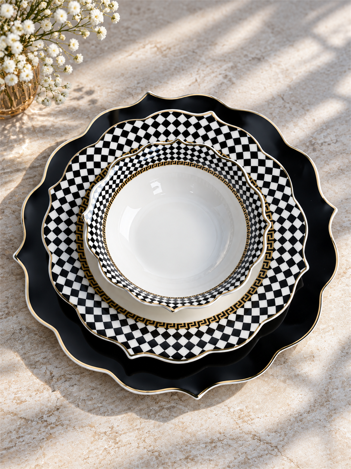 16 Parça 4 Kişilik Porselen Dama Black Yemek Takımı 
