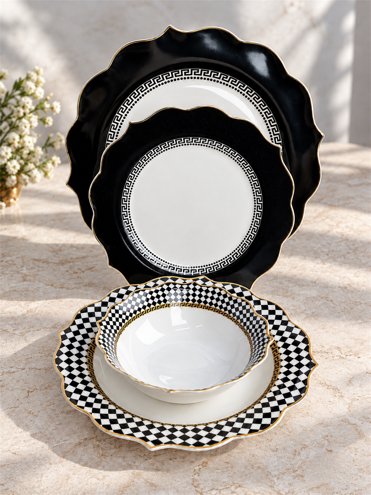 16 Parça 4 Kişilik Porselen Dama Black Yemek Takımı 