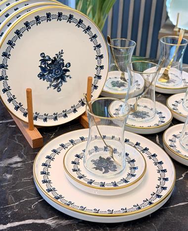 18 Parça Modern Regaria Blue Flower Pasta Çay Saati Seti
