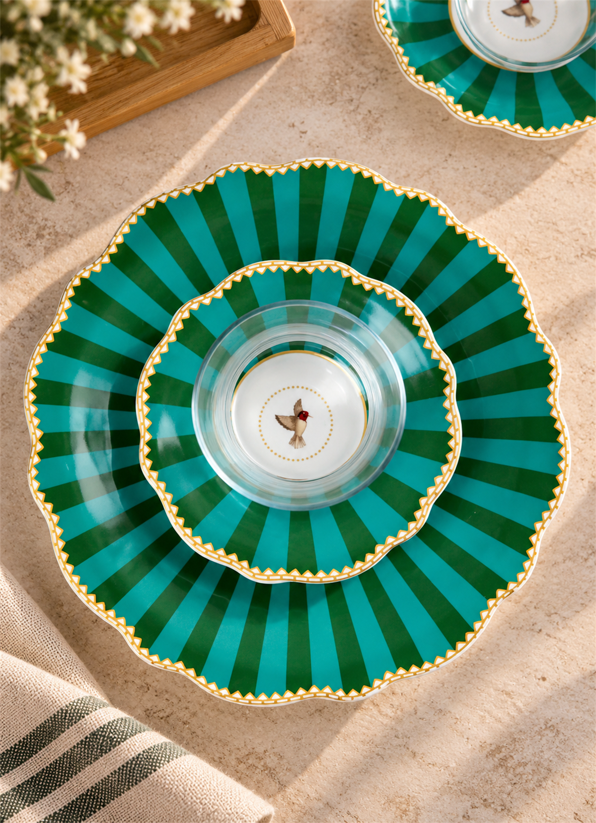 18 Parça Modern Piano Bird Green Pasta Çay Saati Seti