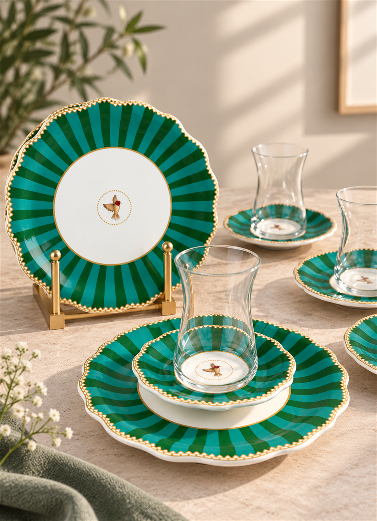 18 Parça Modern Piano Bird Green Pasta Çay Saati Seti