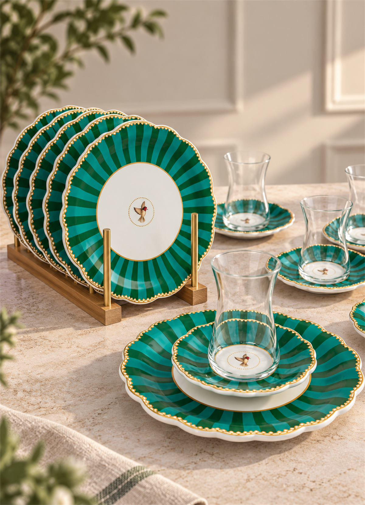 18 Parça Modern Piano Bird Green Pasta Çay Saati Seti