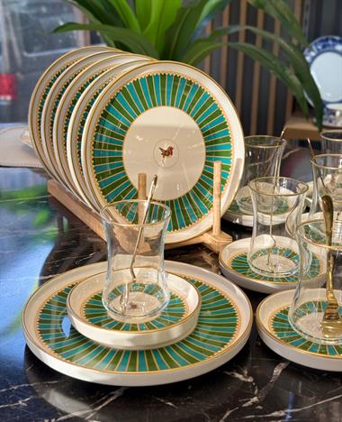 18 Parça Modern Piano Bird Green Pasta Çay Saati Seti