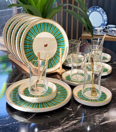 18 Parça Modern Piano Bird Green Pasta Çay Saati Seti