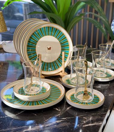 18 Parça Modern Piano Bird Green Pasta Çay Saati Seti