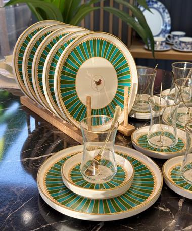 18 Parça Modern Piano Bird Green Pasta Çay Saati Seti