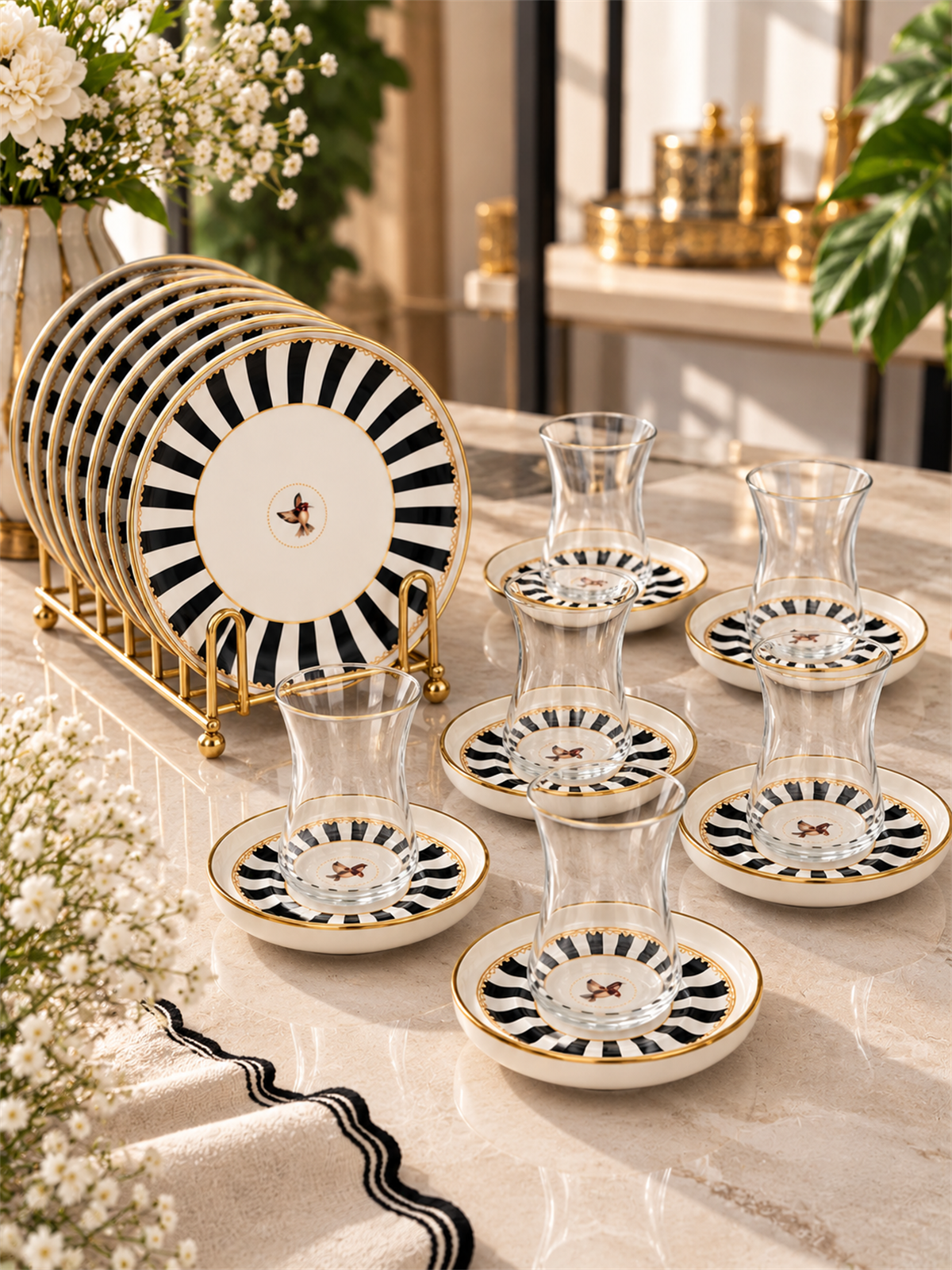 18 Parça Modern Piano Black Bird Pasta Çay Saati Seti